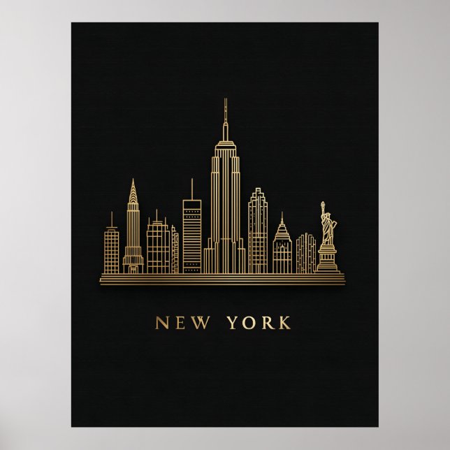 New York City Skyline Gold Line Art Poster (Front)