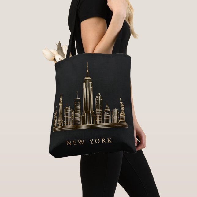 New York City Skyline Gold Line Art Tote Bag (Close Up)
