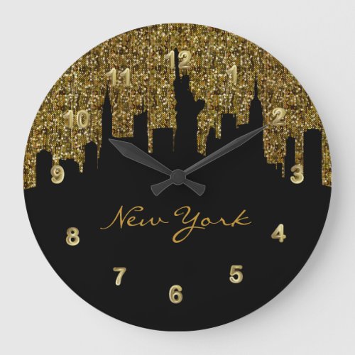 New York City Skyline  Golden Confetti Glitter Large Clock