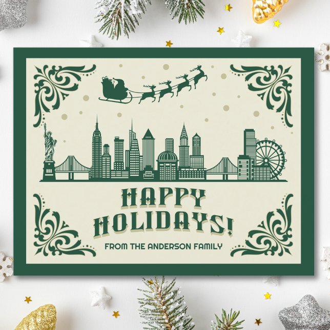 New York City Skyline Happy Holidays Postcard (Happy Holidays New York City skyline cityscape christmas postcard customizable real estate Santa )