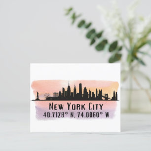New York City Skyline Latitude and Longitude Postcard