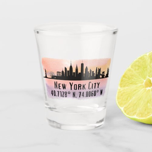 New York City Skyline Latitude and Longitude  Shot Glass