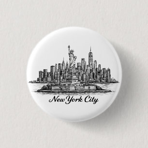 New York City Skyline Line Art Illustration Button