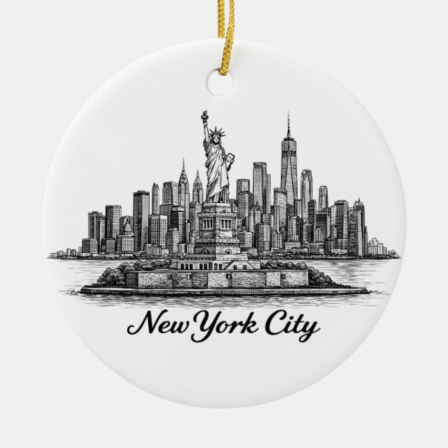 New York City Skyline Line Art Illustration Ceramic Ornament (Front)
