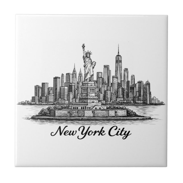 New York City Skyline Line Art Illustration Ceramic Tile (Front)