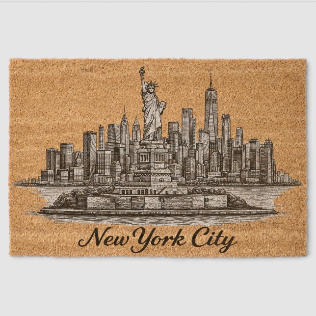 New York City Skyline Line Art Illustration Fiber Doormat (Front)
