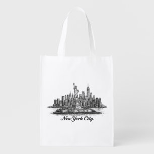 New York City Skyline Line Art Illustration Grocery Bag