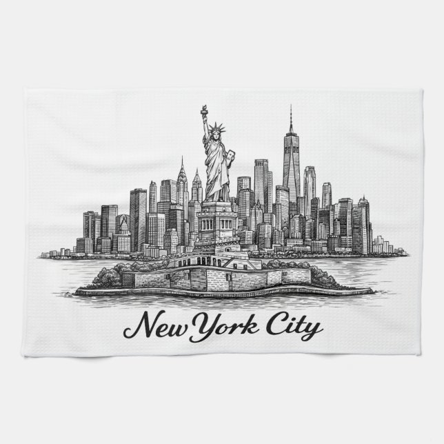 New York City Skyline Line Art Illustration Kitchen Towel (Horizontal)