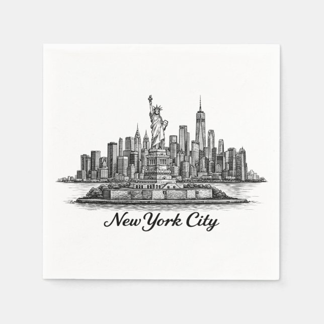 New York City Skyline Line Art Illustration Napkins (Front)