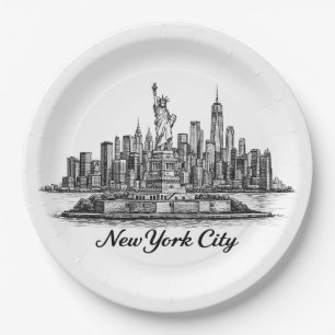 New York City Skyline Line Art Illustration Paper Plates