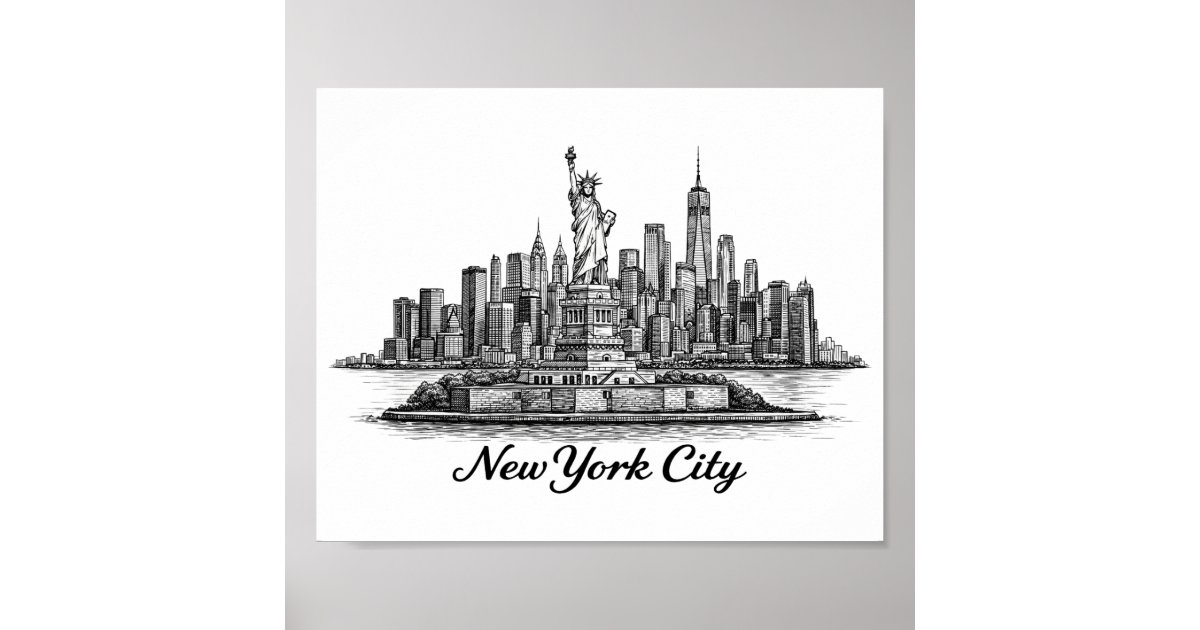New York City Skyline Line Art Illustration Poster | Zazzle