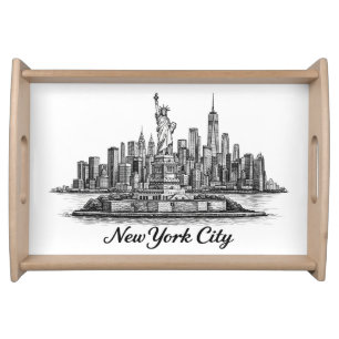 New York City Skyline Line Art Illustration Serving Tray