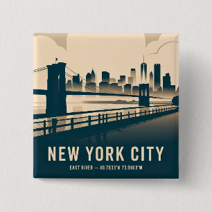New York City Skyline Minimalist Art Vintage River Button