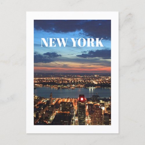 New York City Skyline Night Lights Buildings River Postcard