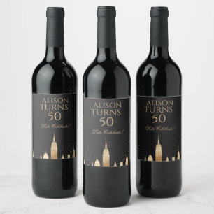 New York City Skyline Party Supplies Black & Gold Wine Label