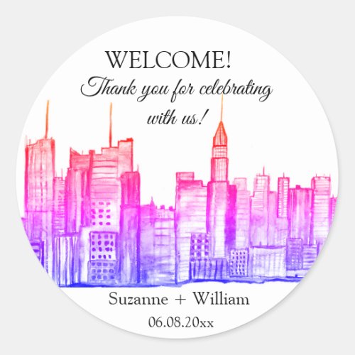 NEW YORK CITY skyline Pink Favors Weddings Classic Round Sticker