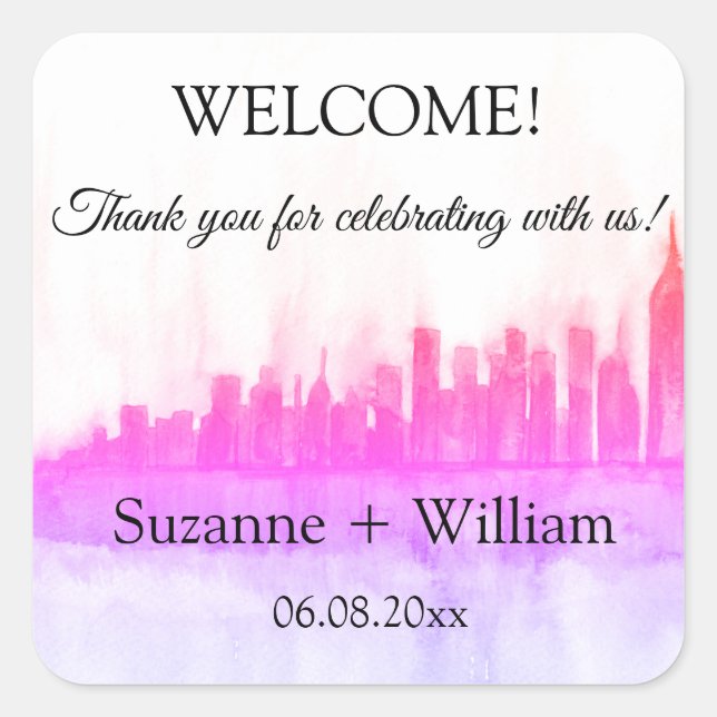 NEW YORK CITY skyline Pink Favors Weddings Square  Square Sticker (Front)
