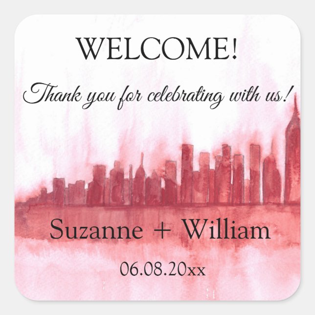 NEW YORK CITY skyline Pink Favors Weddings Square Sticker (Front)