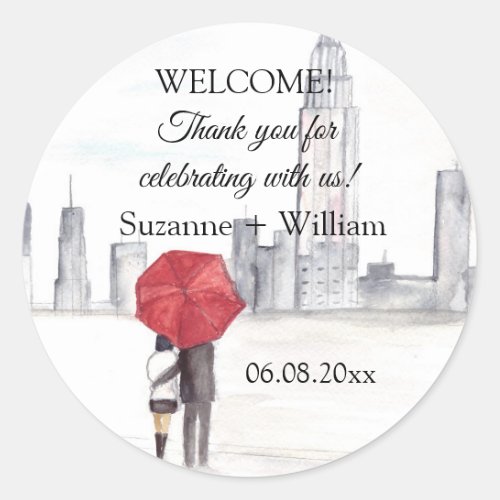 NEW YORK CITY skyline Red Umbrella Favors Weddings Classic Round Sticker