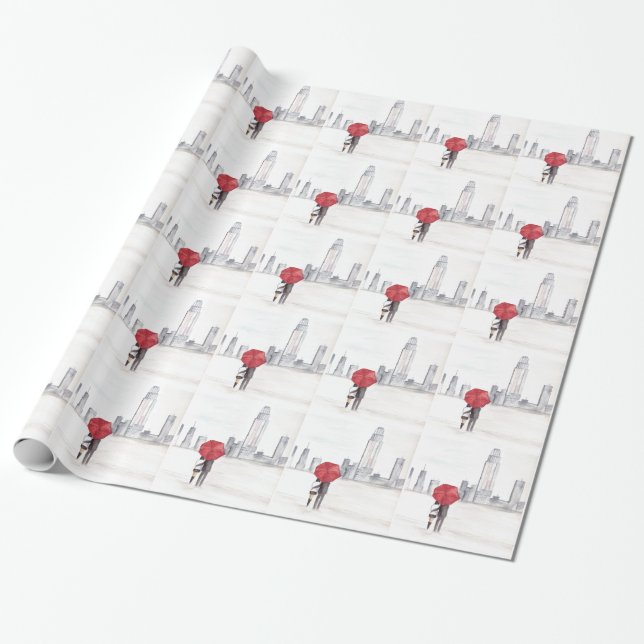New York City skyline red umbrella love couple Wrapping Paper (Unrolled)