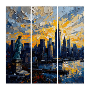 New York City Skyline Sunset Triptych Wall Art