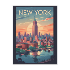 New York City Skyline Travel Art Vintage Postcard
