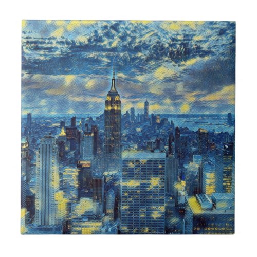 New York City Skyline Van Gogh Starry Night Art Ceramic Tile