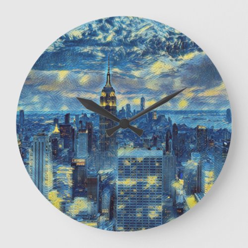 New York City Skyline Van Gogh Starry Night Art Large Clock
