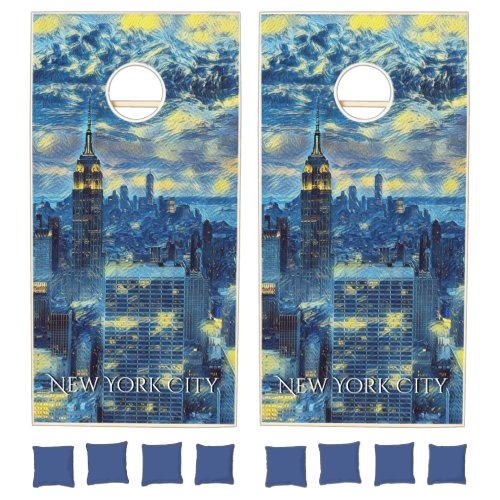 New York City Skyline Van Gogh Starry Night Style Cornhole Set