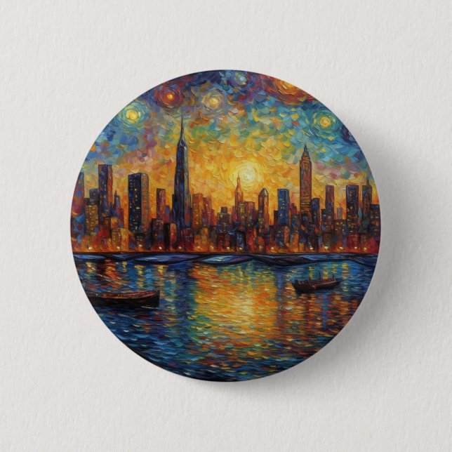 New York City Skyline van Gogh style Button (Front)