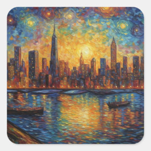New York City Skyline van Gogh style Square Sticker
