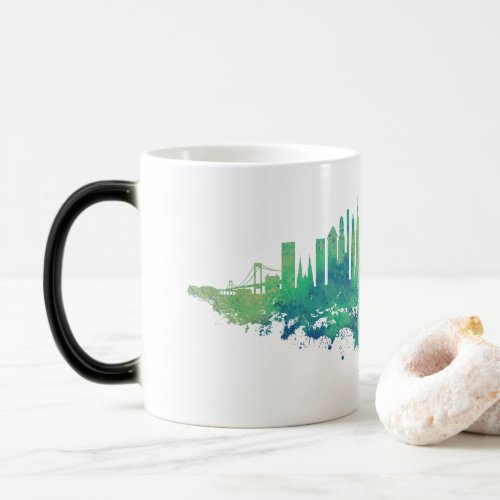 New York City Skyline Watercolor in blue and green Magic Mug