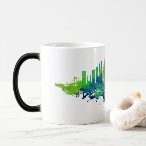 New York City Skyline Watercolor in blue and lime  Magic Mug