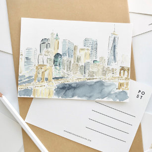 New York City Skyline Watercolor Travel Postcard