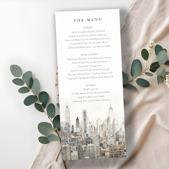 New York City Skyline Watercolor Wedding Menu Card (Creator Uploaded)