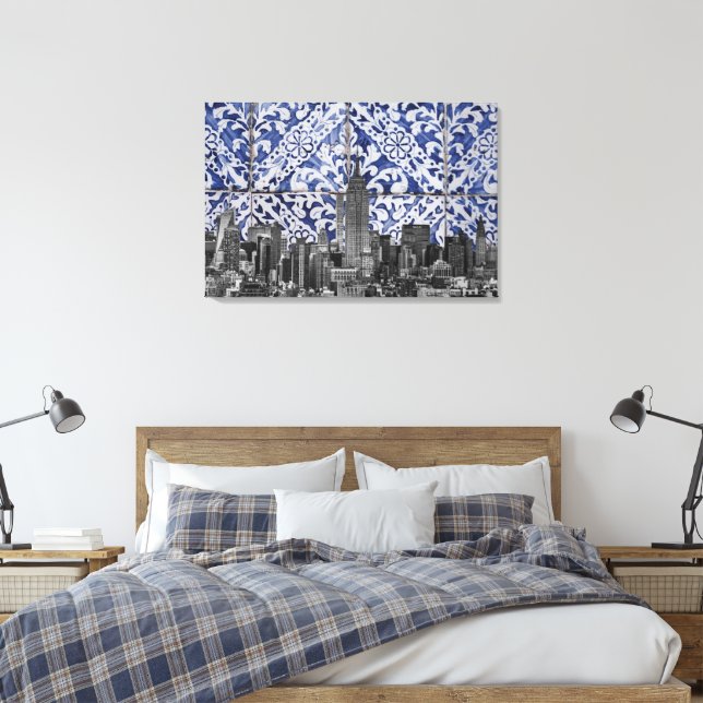 New York City Skyscrapers Meet Portuguese Tiles  Canvas Print (Insitu(Bedroom))