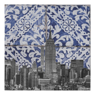 New York City Skyscrapers Meet Portuguese Tiles Faux Canvas Print