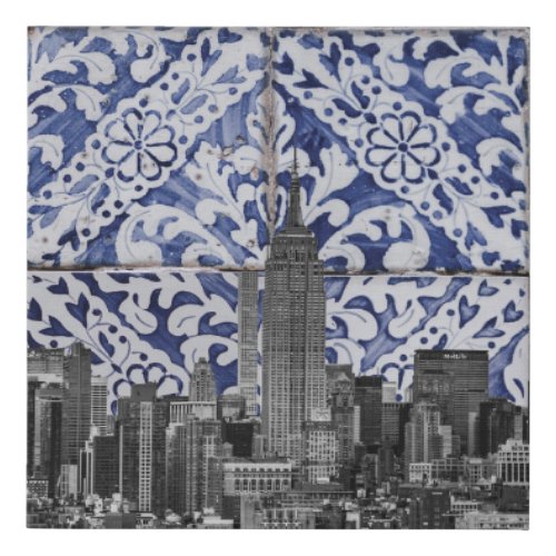 New York City Skyscrapers Meet Portuguese Tiles Faux Canvas Print