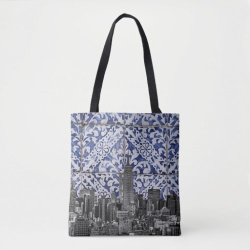 New York City Skyscrapers Meet Portuguese Tiles Tote Bag