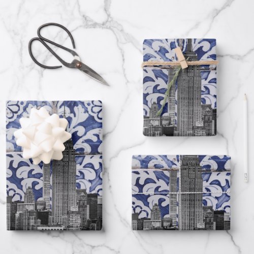 New York City Skyscrapers Meet Portuguese Tiles Wrapping Paper Sheets