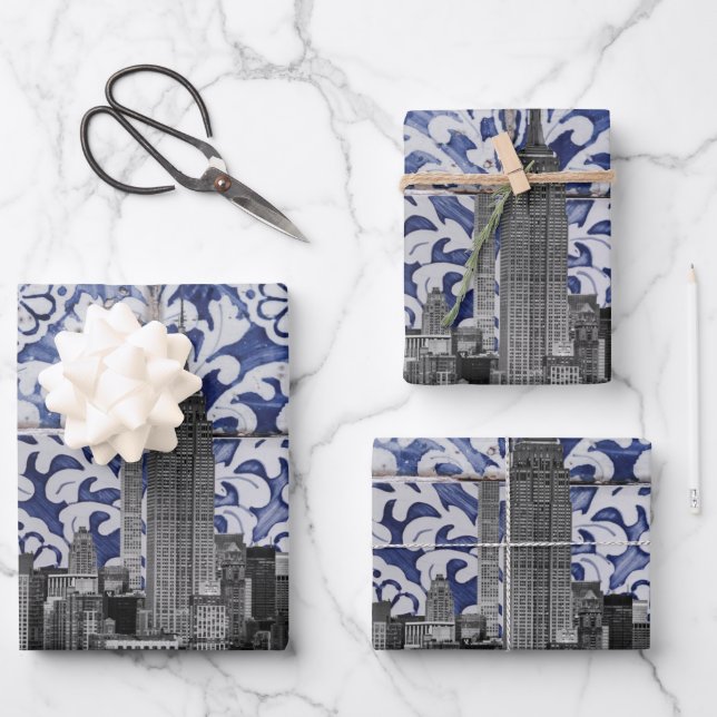 New York City Skyscrapers Meet Portuguese Tiles Wrapping Paper Sheets (Front)
