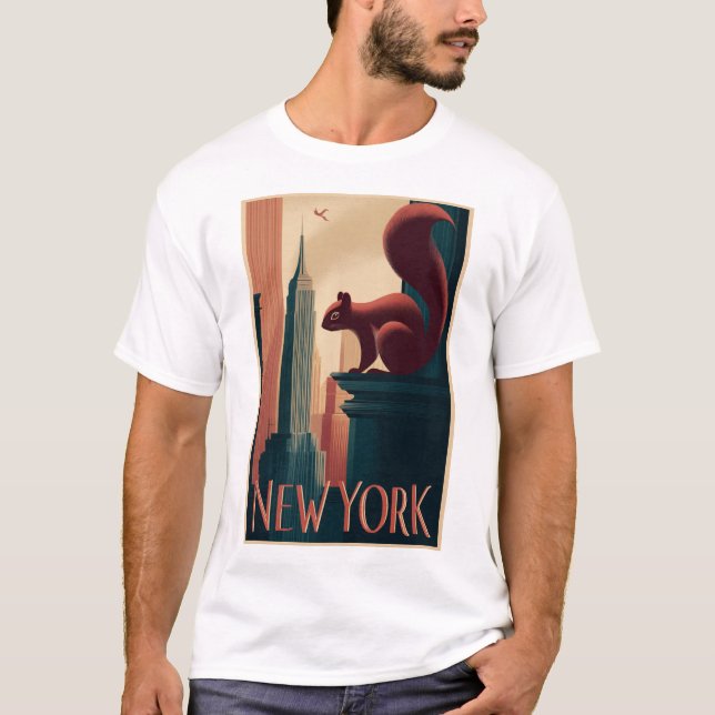 New York City Squirrel – Art Deco Skyline Poster T-Shirt (Front)