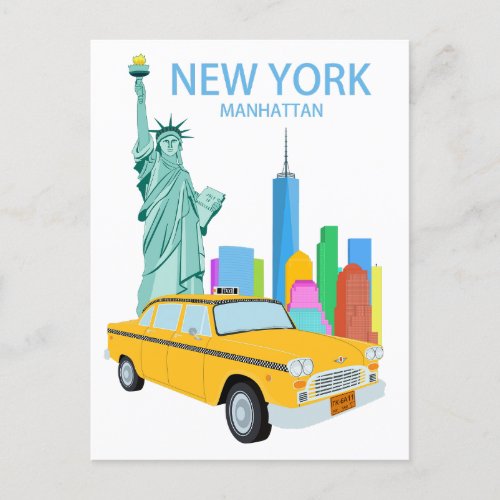 New York City Statue Manhattan Skyscrapers Taxi Postcard