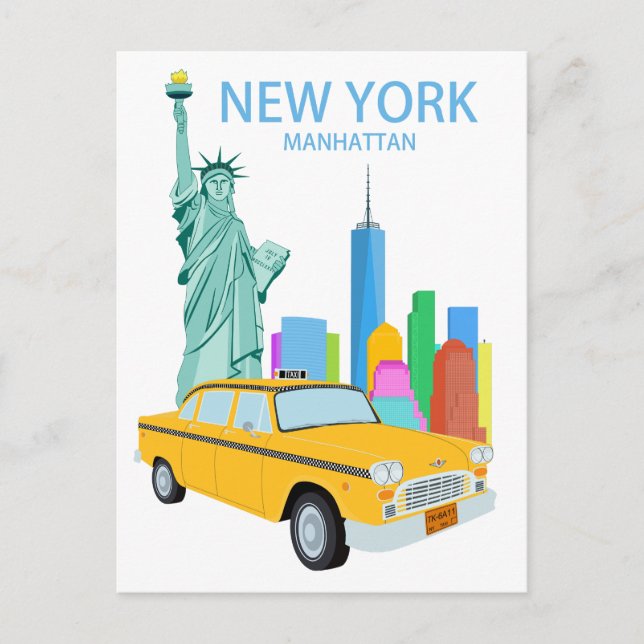 New York City Statue Manhattan Skyscrapers Taxi Postcard (Front)