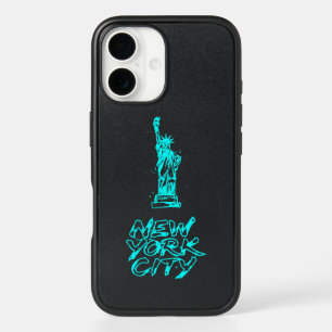 New York City Statue of Liberty Neon Cyan Brush iPhone 16 Case