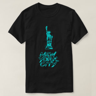 New York City Statue of Liberty Neon Cyan Brush T-Shirt