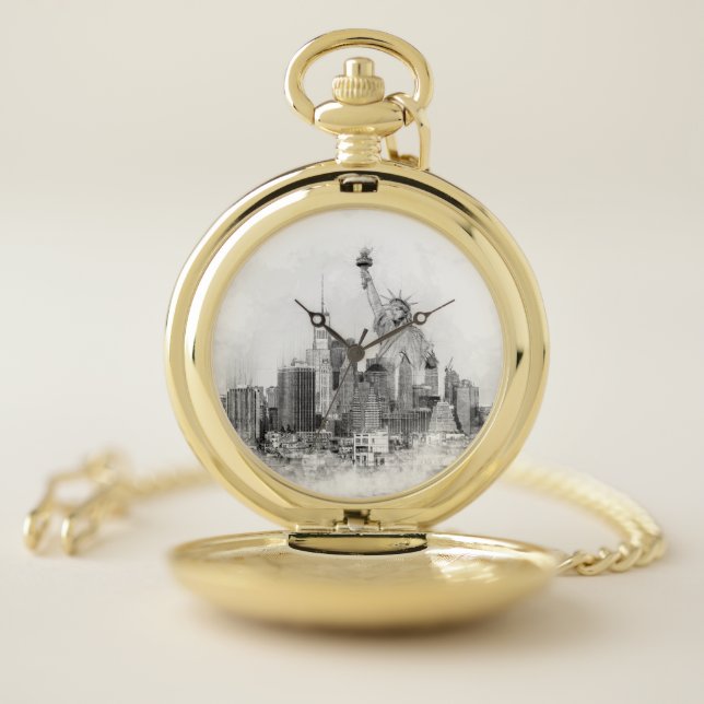 New York City Statue of Liberty Sketch Pocket Watch (Inside)