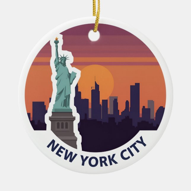 New York City Statue of Liberty Skyline Ceramic Ornament (Front)
