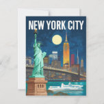New York City Statue of Liberty &amp; Skyline Retro Postcard