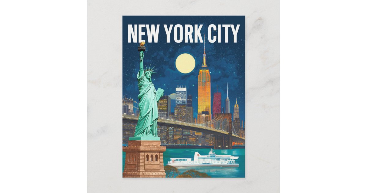 New York City Statue of Liberty & Skyline Retro Postcard | Zazzle